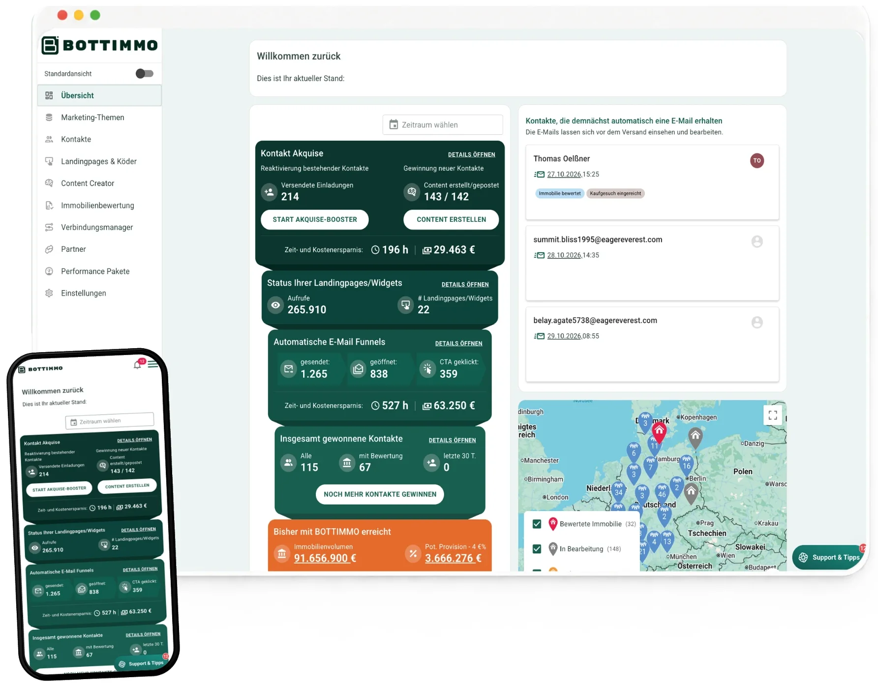 BOTTIMMO Dashboard mit Kontakt-Akquise, Landingpages, E-Mail Funnels und Gebietskarte