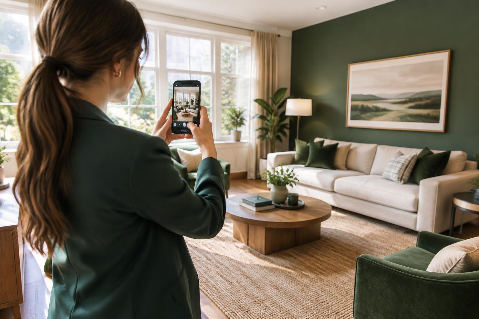 Maklerin fotografiert ein Wohnzimmer für Instagram