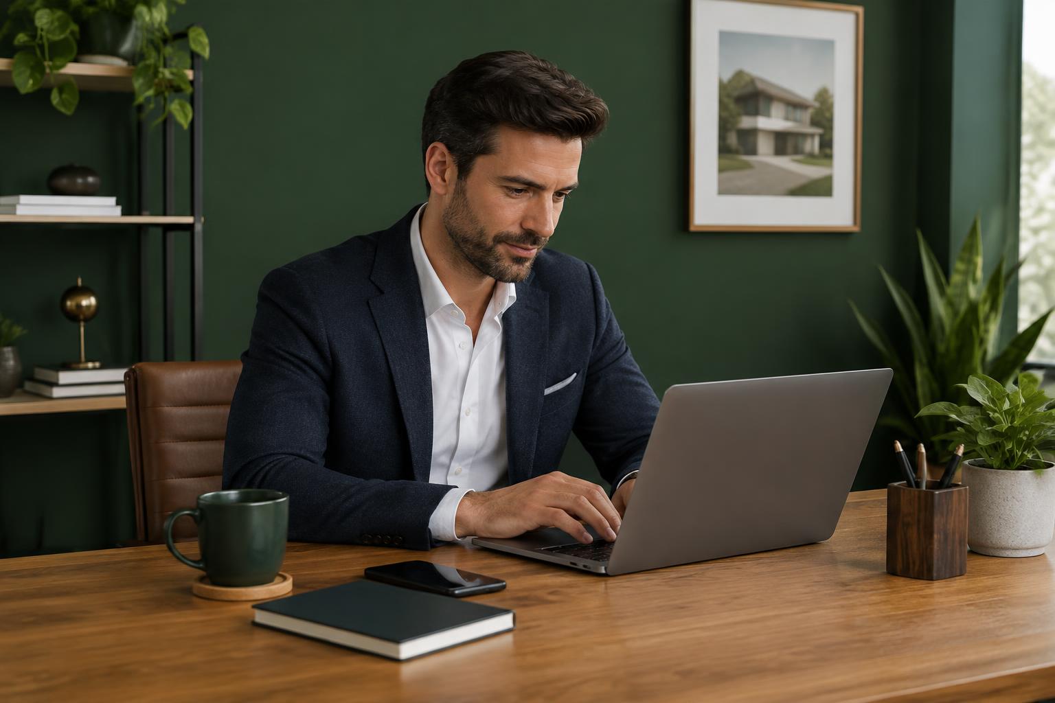 Makler schreibt einen Beitrag am Laptop